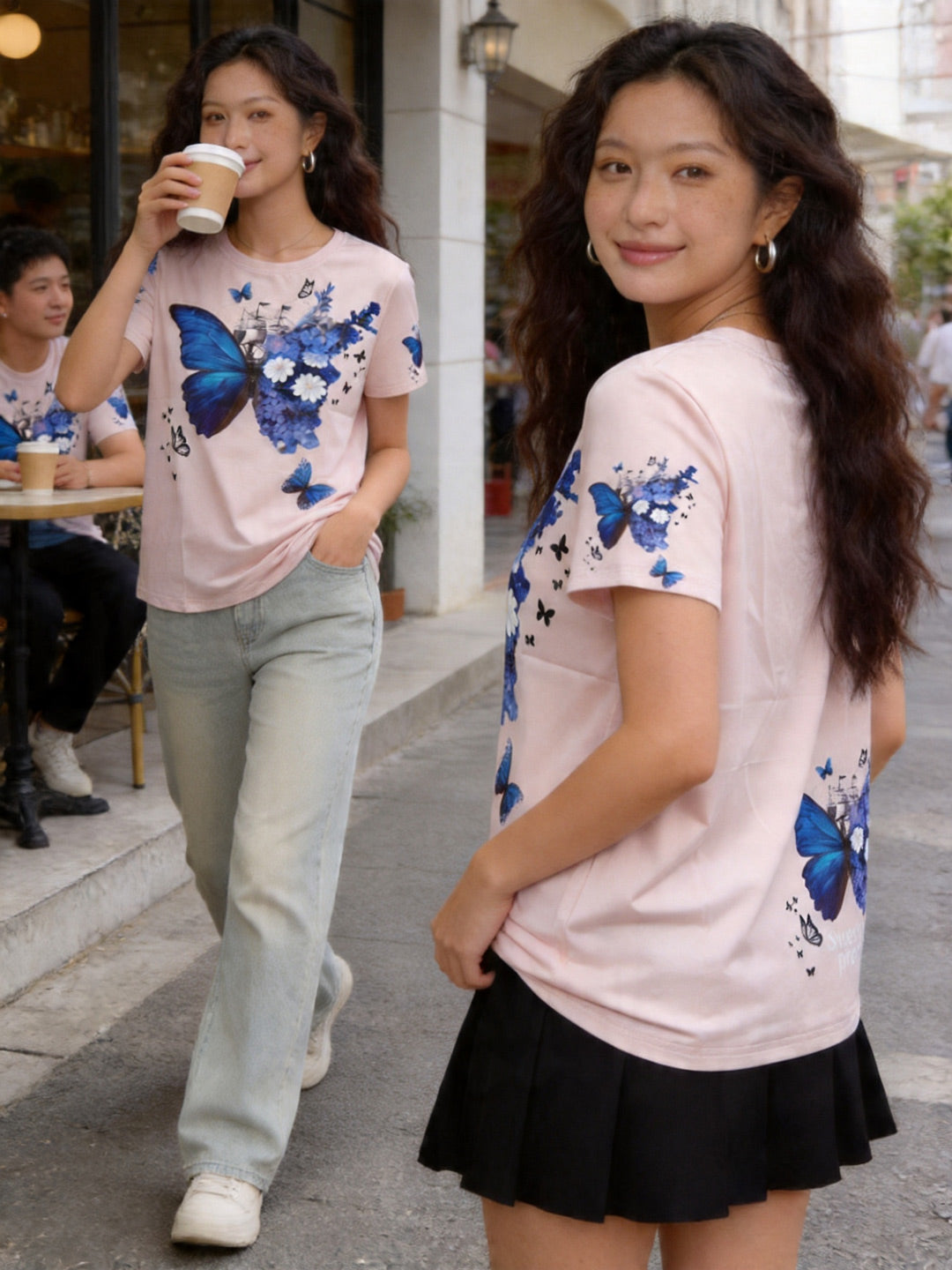 Women's pink t-shirt with blue butterfly print, casual streetwear for daily outfit. ピンク地に青い蝶プリントのレディースTシャツ、カジュアルスタイル、日本・シンガポール発送可能。
