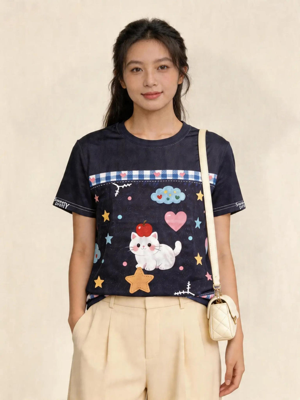 キャットデザイン | Women's Navy Cat Print Tee Casual Outfit Singapore | シンガポールカジュアル T シャツ