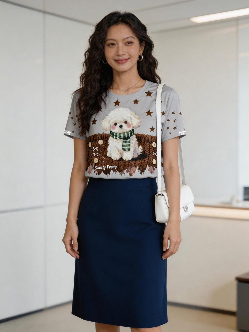 ビション T シャツ | Women's Grey Bichon Frise Graphic Tee, Work Skirt Outfit, Smart Casual Office Style Singapore | オフィスカジュアル T シャツ