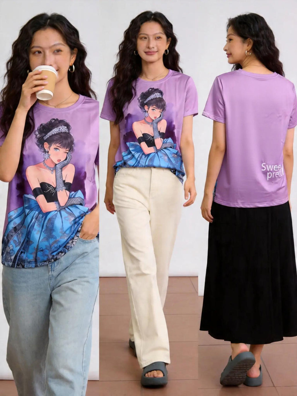 ガールプリント T シャツ | Woman Wearing Ball Gown Girl Tee Walking On City Street, Casual Daily Style | 街歩きカジュアル T シャツ
