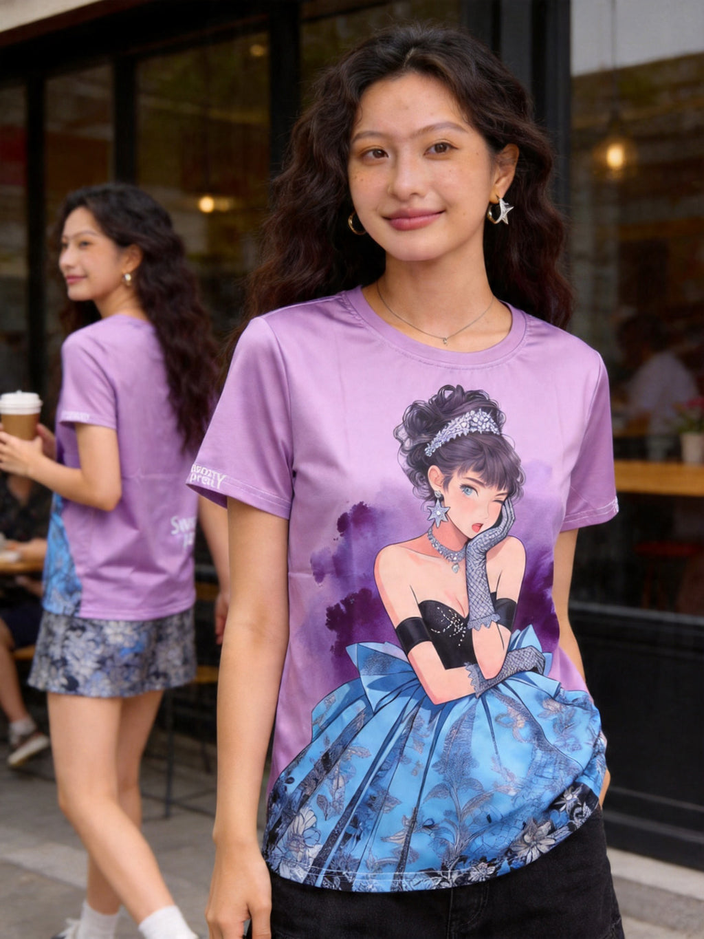 Women's Retro Anime Princess Graphic Tee, Purple Watercolor Coquette Top SG