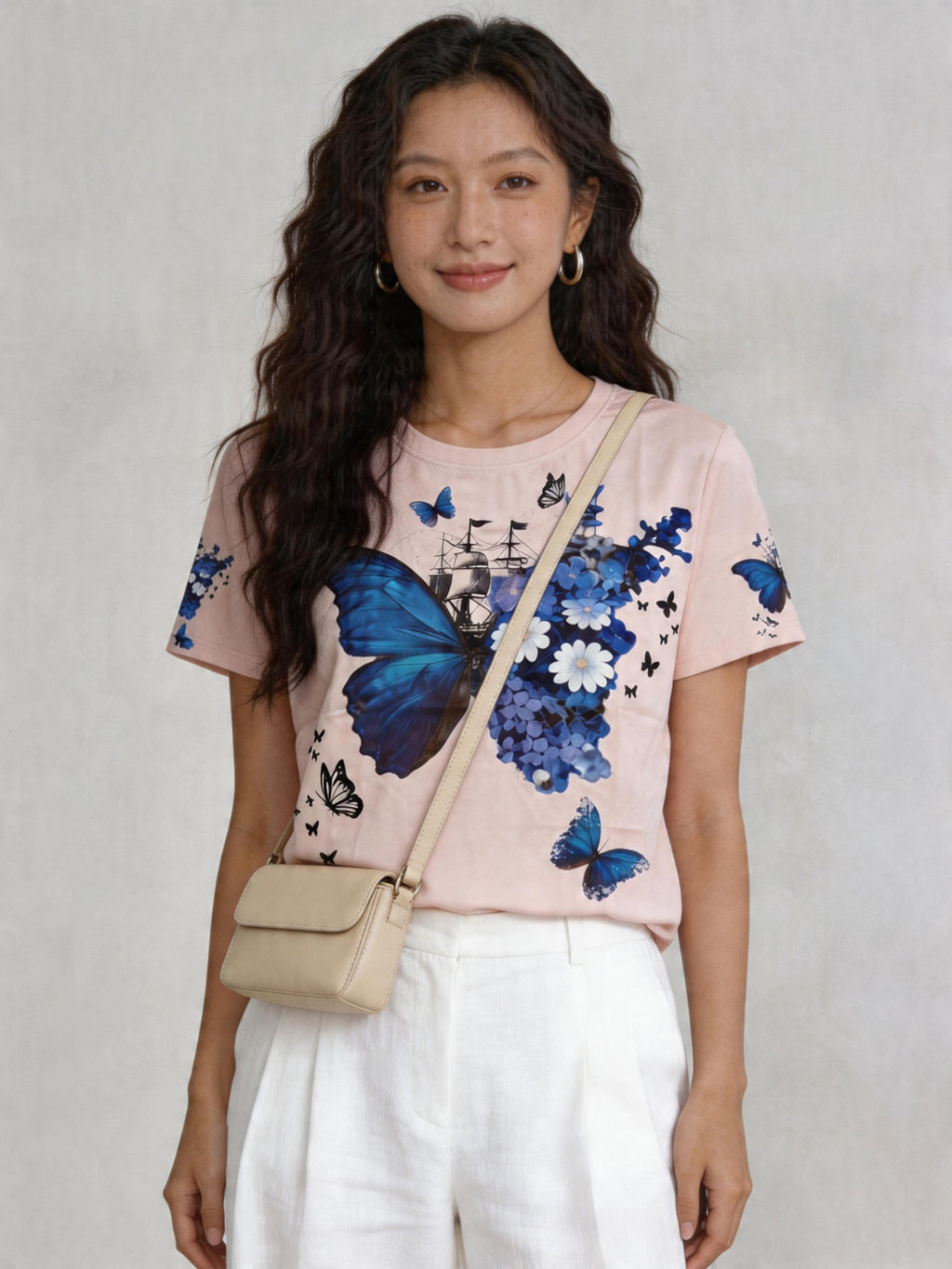 Women's Blue Butterfly Floral Sailboat Graphic Tee, Light Pink Quick-Dry Top Singapore