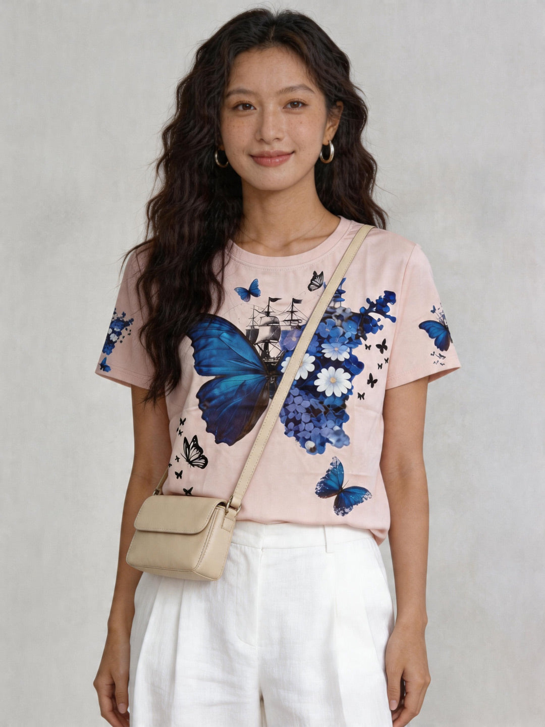 Women's Blue Butterfly Floral Sailboat Graphic Tee, Light Pink Quick-Dry Top Singapore