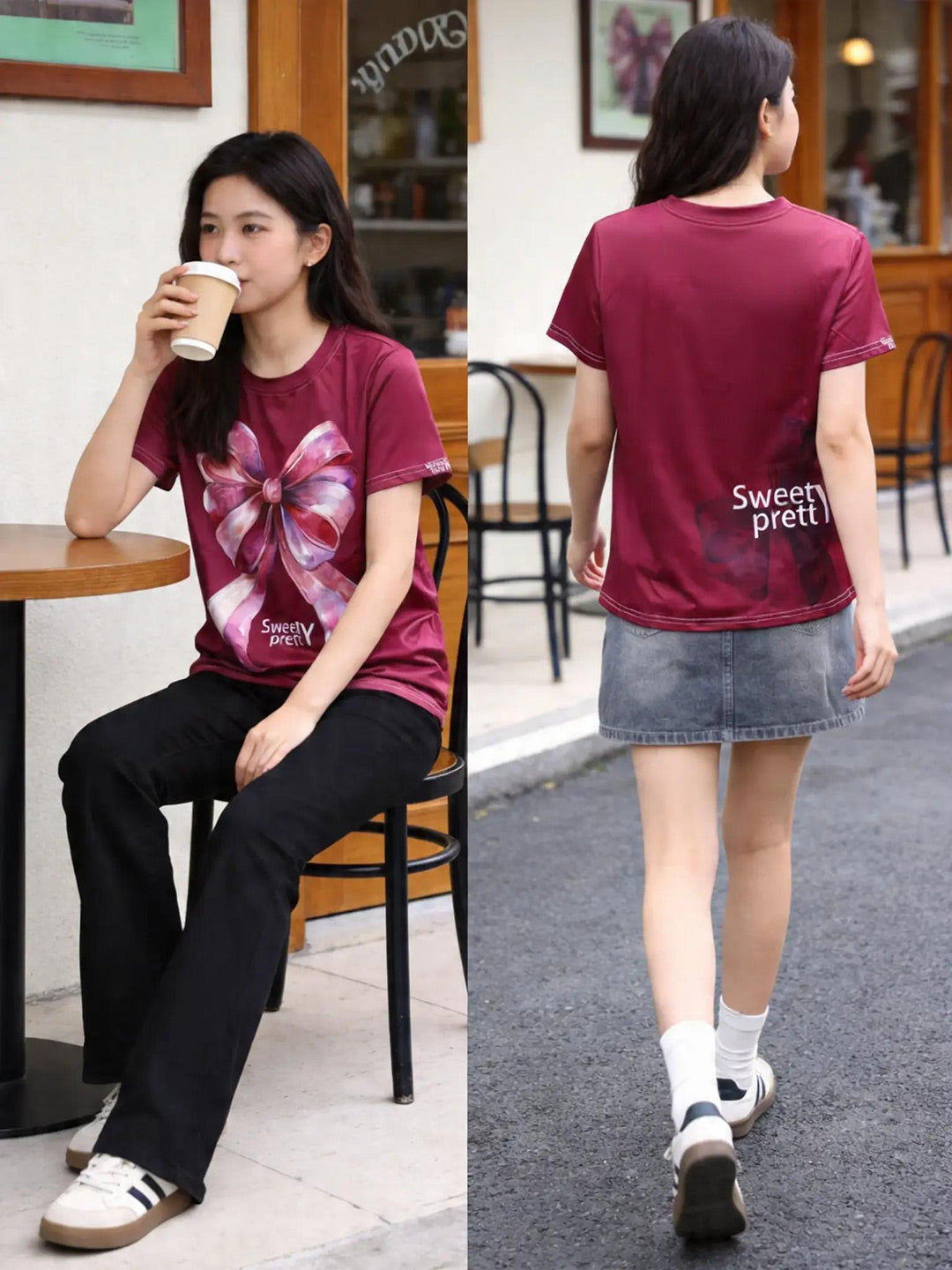 ワインリボン | Woman Wearing Burgundy Bow Tee Walking On City Street, Casual Daily Style Singapore | デイリーカジュアル T シャツ