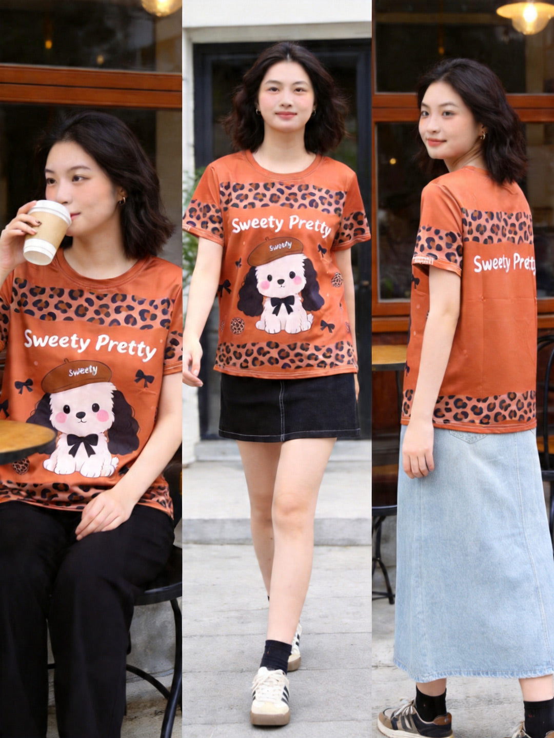 Women's Caramel Leopard Print Puppy Graphic Tee, Brown Casual Quick-Dry Top Singapore