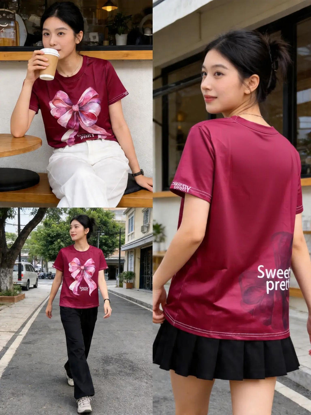 水彩リボン | Women's Burgundy Watercolor Bow Tee Casual Outfit Singapore | シンガポールカジュアル T シャツ