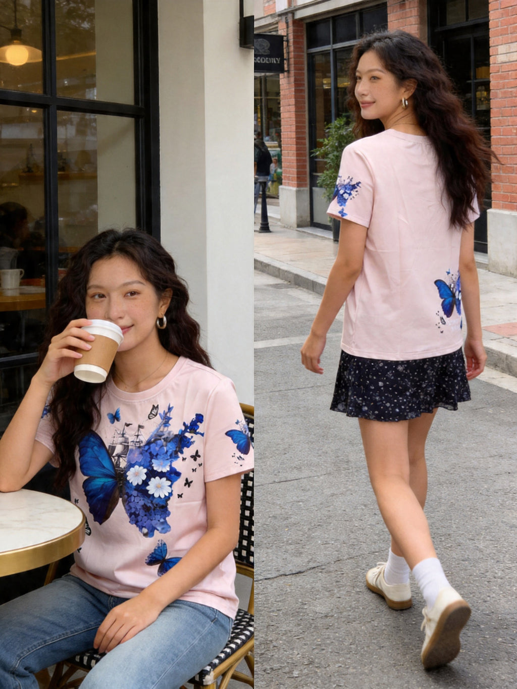 Women's Blue Butterfly Floral Sailboat Graphic Tee, Light Pink Quick-Dry Top Singapore