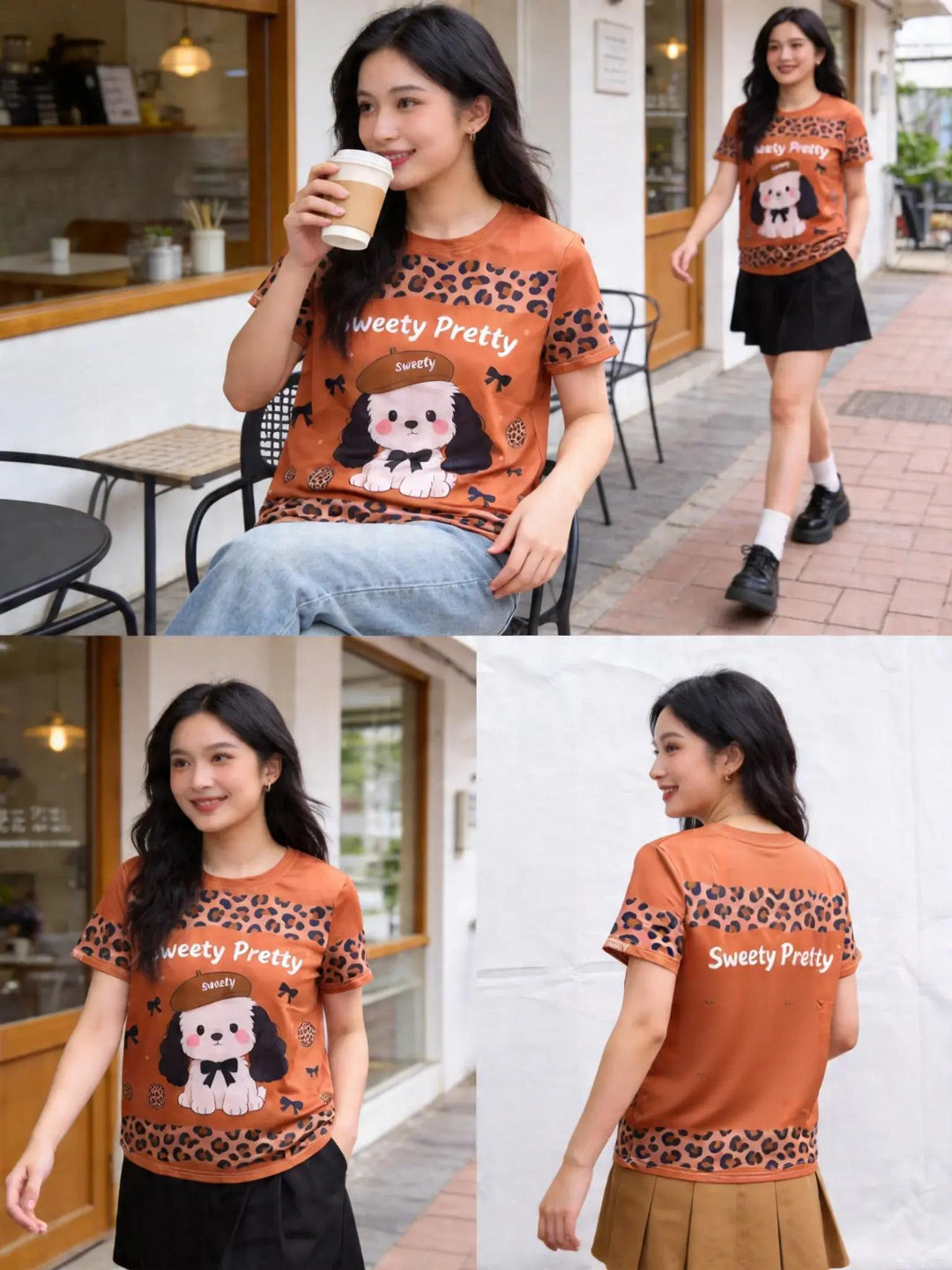 Women's Caramel Leopard Print Puppy Graphic Tee, Brown Casual Quick-Dry Top Singapore