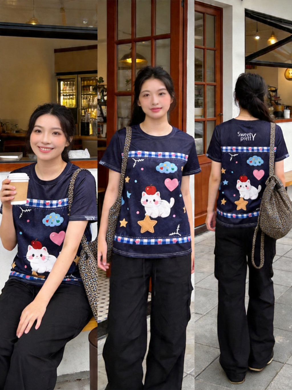 キャットスター | Women's Navy Cat Star Graphic Tee Casual Street Outfit, Singapore Daily | デイリーストリート T シャツ