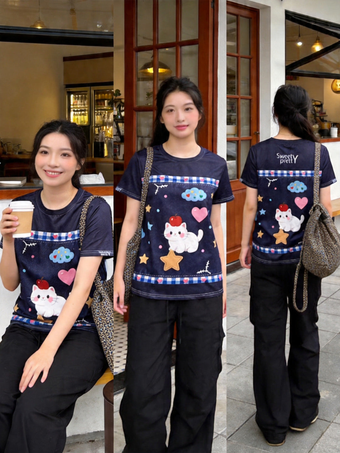 キャットスター | Women's Navy Cat Star Graphic Tee Casual Street Outfit, Singapore Daily | デイリーストリート T シャツ