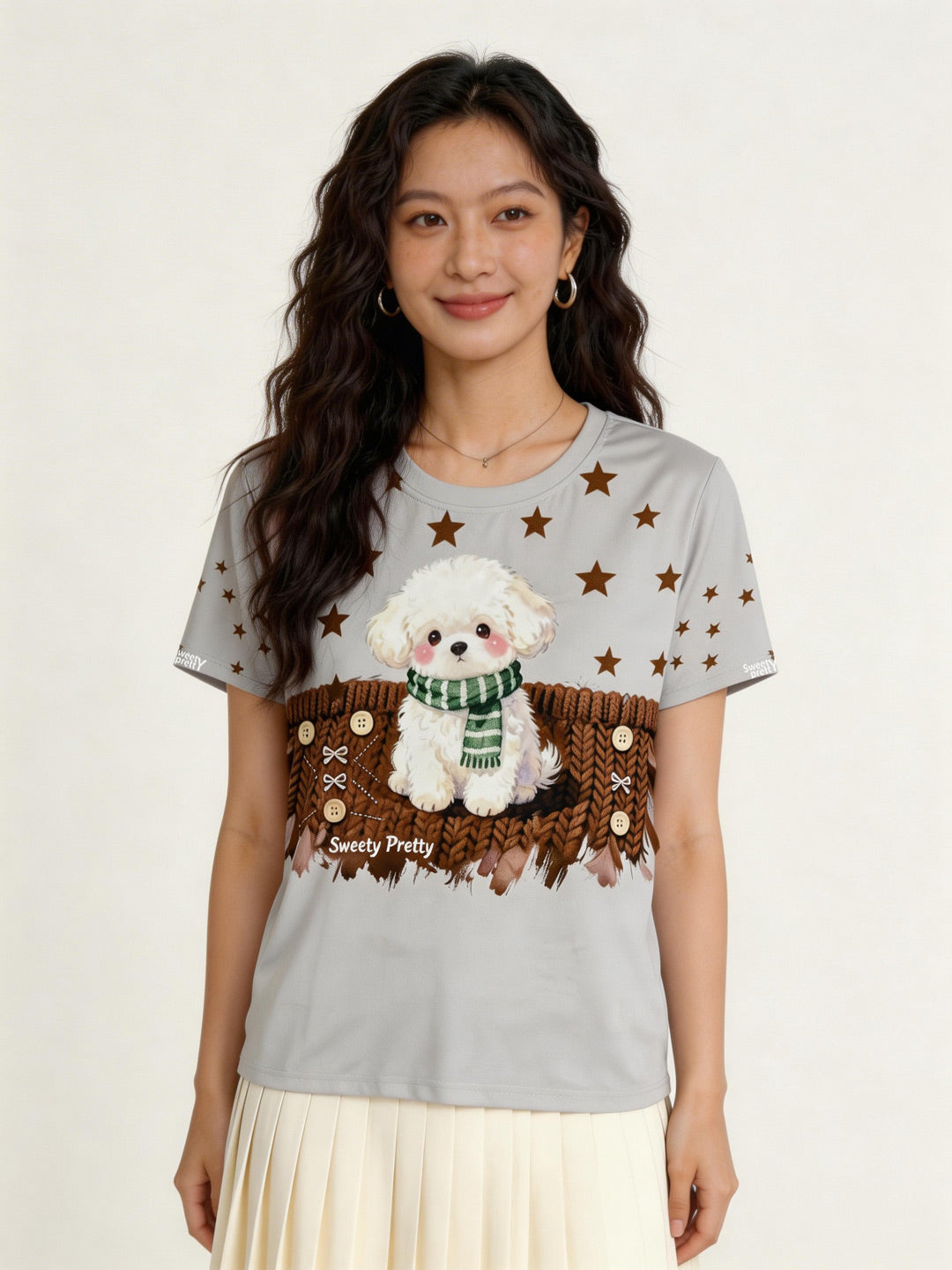 わんこプリント T シャツ | Women's Fluffy Puppy Print Tee, Casual Midi Skirt Outfit, Sweet Cute Style Singapore | フワフワ子犬プリント T シャツ