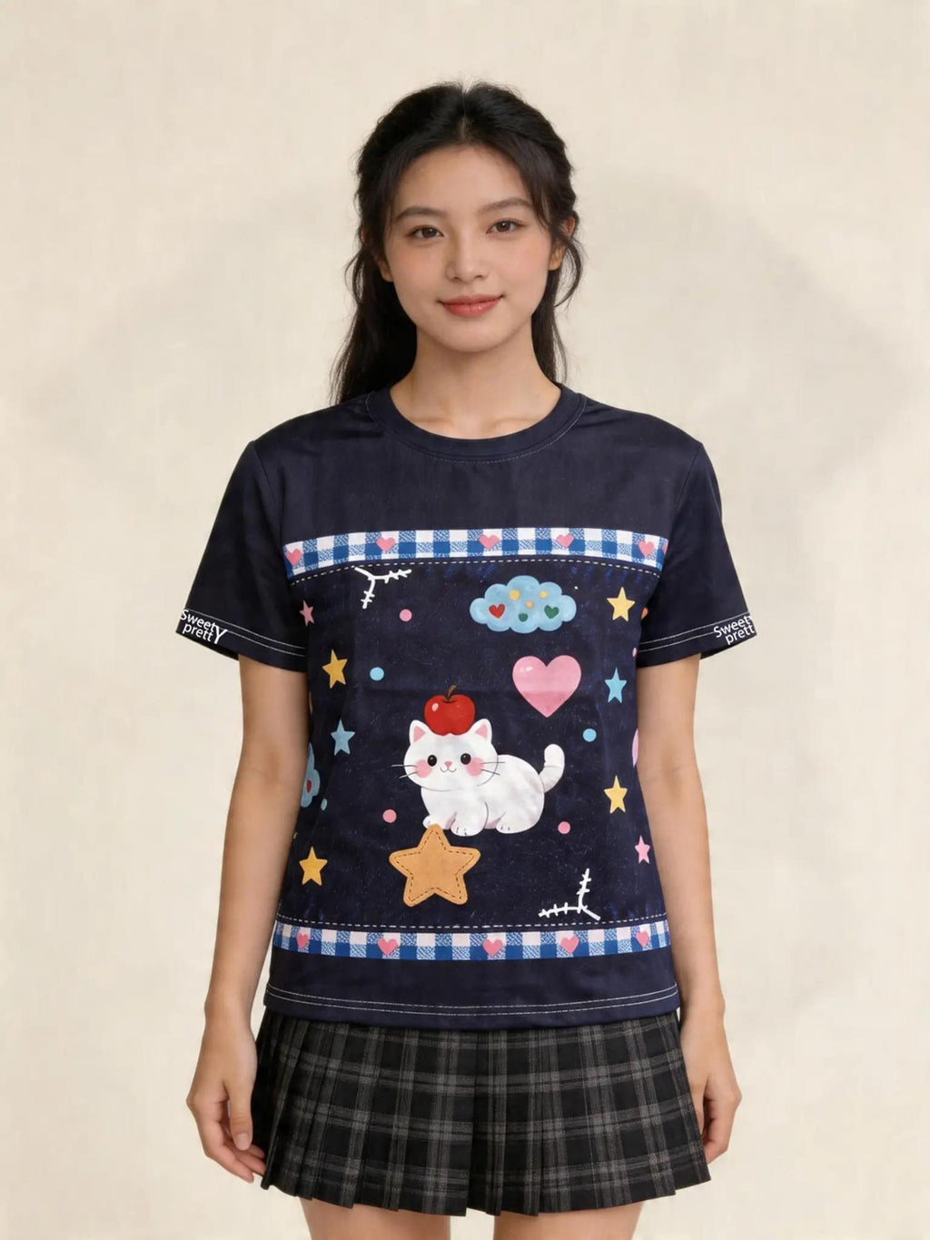 キャットプリント | Women's Navy Cat Tee With A-line Skirt, Sweet Casual Outfit Singapore | スイートカジュアル T シャツ