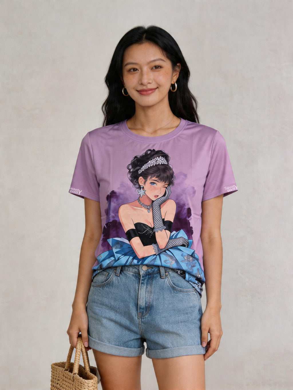 ガールデニム | Women's Purple Girl Graphic Tee With Denim Skirt, Sweet Streetwear Look Singapore | スイートストリート T シャツ