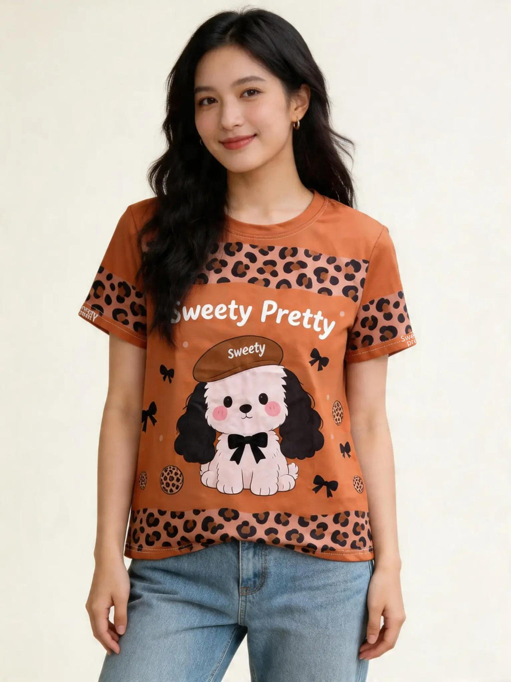 レオパードパピー | Women's Caramel Leopard Print Puppy Graphic Tee, Sweet Casual Top Singapore | キュートカジュアル T シャツ