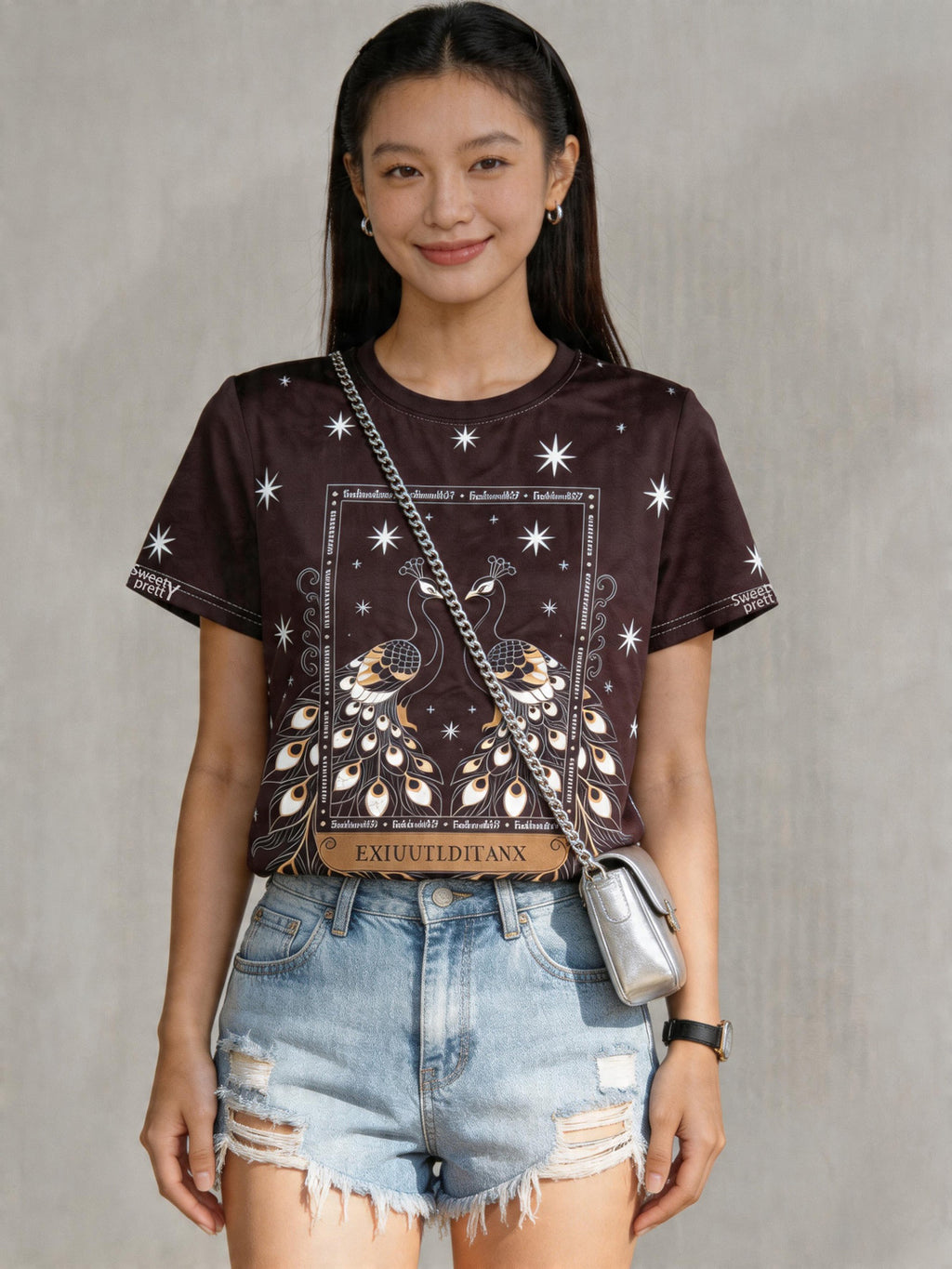 星孔雀 柄 | Woman Walking on Street in Peacock Star Tee With Jeans, Casual Singapore Outfit | アート柄トップス シンガポール