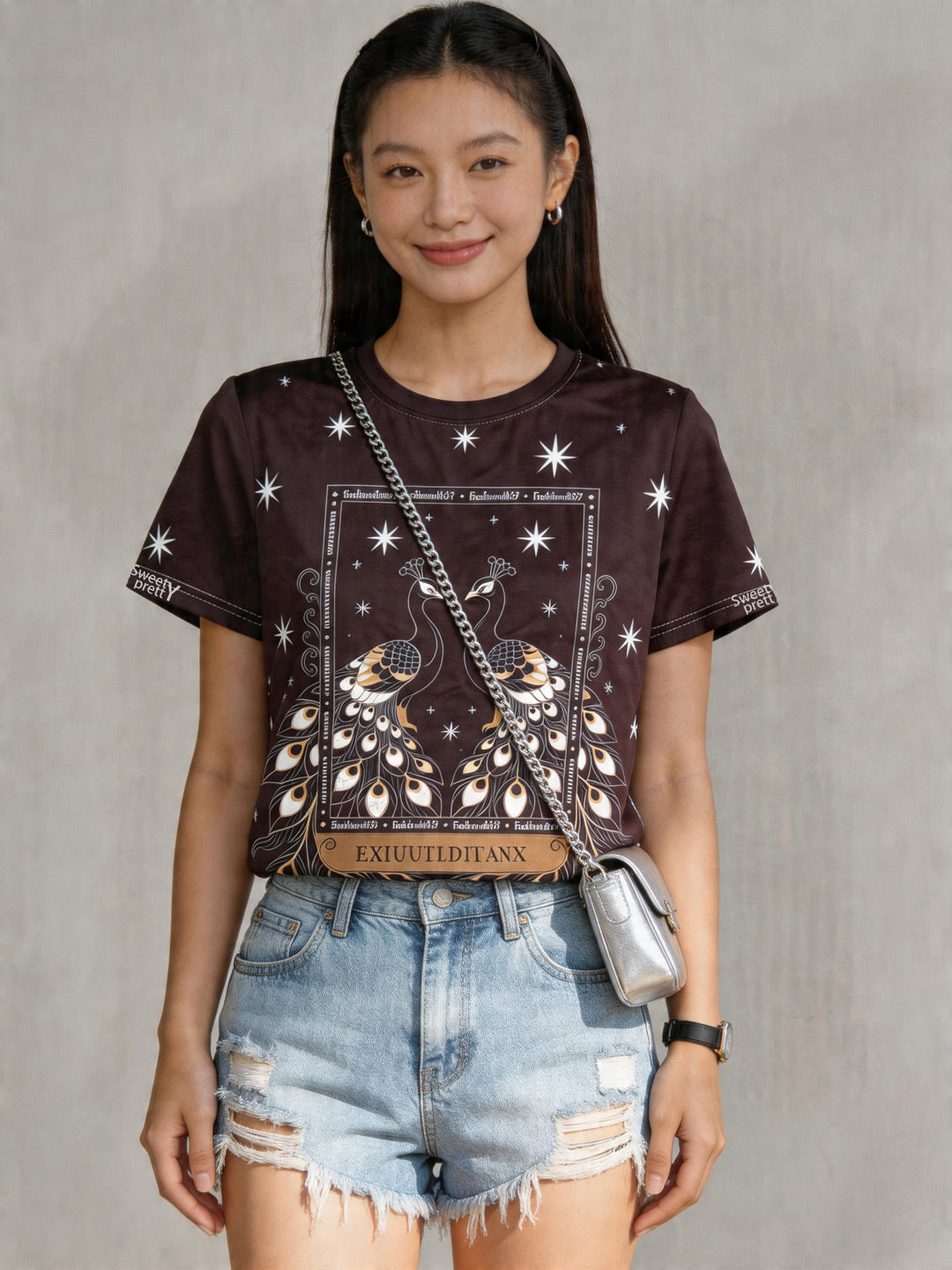 星孔雀 柄 | Woman Walking on Street in Peacock Star Tee With Jeans, Casual Singapore Outfit | アート柄トップス シンガポール