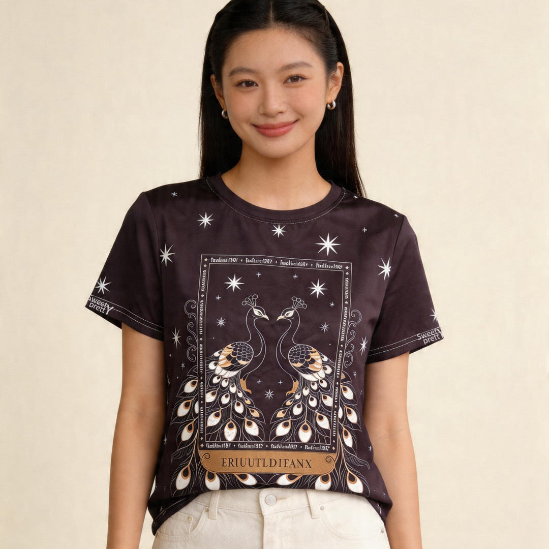 孔雀 柄 | Women's Mystical Peacock Print Tee, Black Casual T-Shirt Singapore | ブラックカジュアル T シャツ シンガポール
