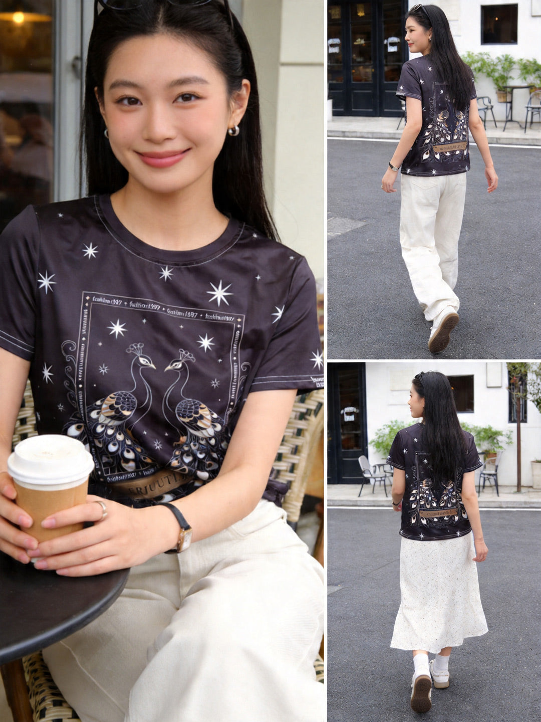 孔雀スター | Women's Black Peacock Star Graphic Tee Casual Street Outfit Singapore | デイリーストリート T シャツ