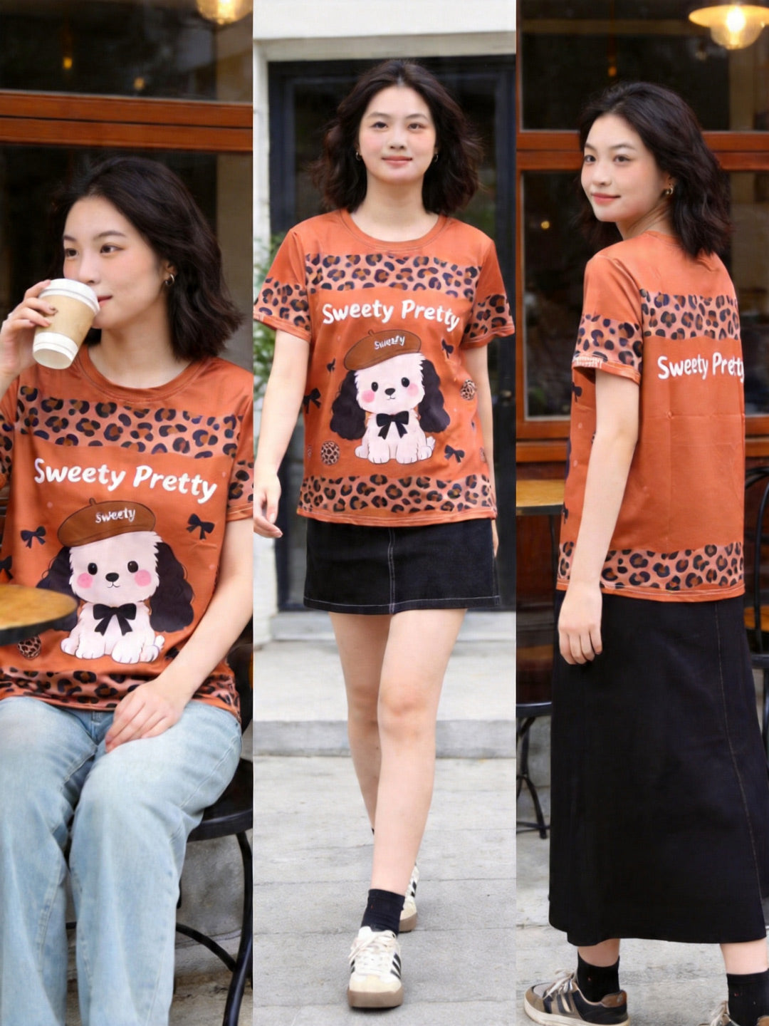 パピーキャラメル | Woman Walking on Street in Caramel Puppy Tee With Denim Skirt, Casual Street Style Singapore | カジュアルストリート T シャツ