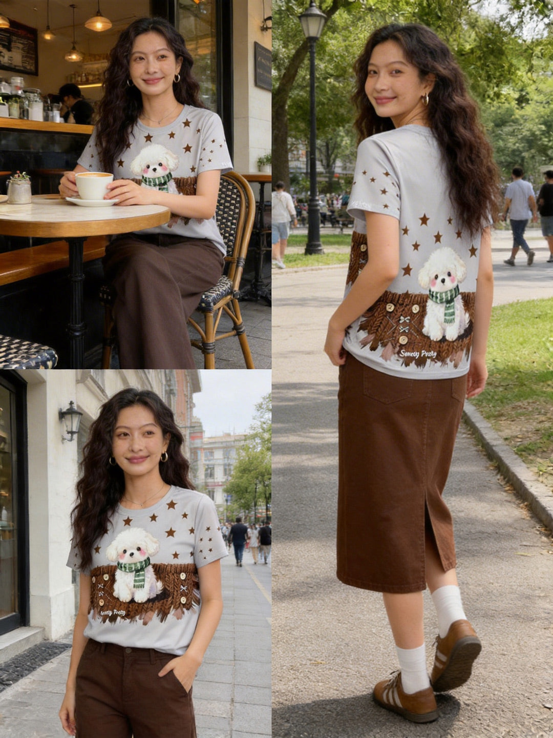 ビションドッグ T シャツ | Women's Grey Bichon Dog Tee, Simple Shopping Outfit, Comfortable Casual Wear Singapore | 快適カジュアル T シャツ