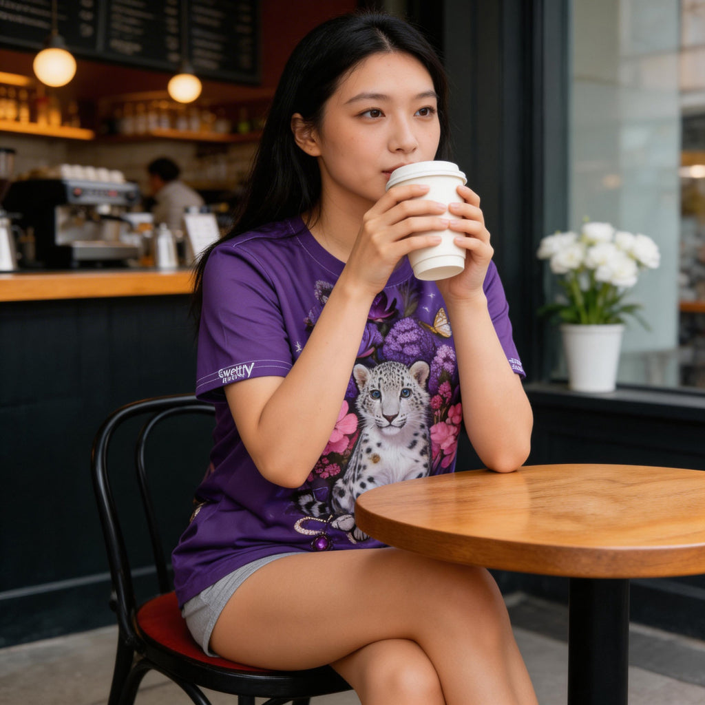 スノーレオパード花柄 T シャツ | Women's Cute Snow Leopard Floral T-Shirt, Romantic Date Outfit for Singapore Summer | シンガポール夏デートコーデ