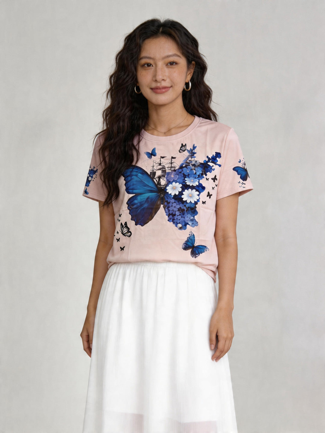 蝶々 花柄 | Women's Light Pink Floral Butterfly Tee Match A-line Skirt Singapore | ピンク T シャツ シンガポール