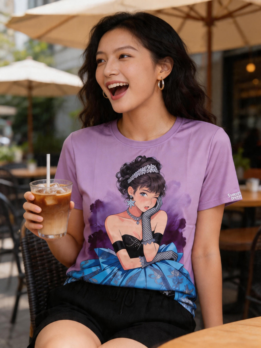 バレリーナ T シャツ | Women's Purple Ball Gown Girl Graphic Tee Casual Street Outfit Singapore Daily | パープルバレリーナ柄 T シャツ