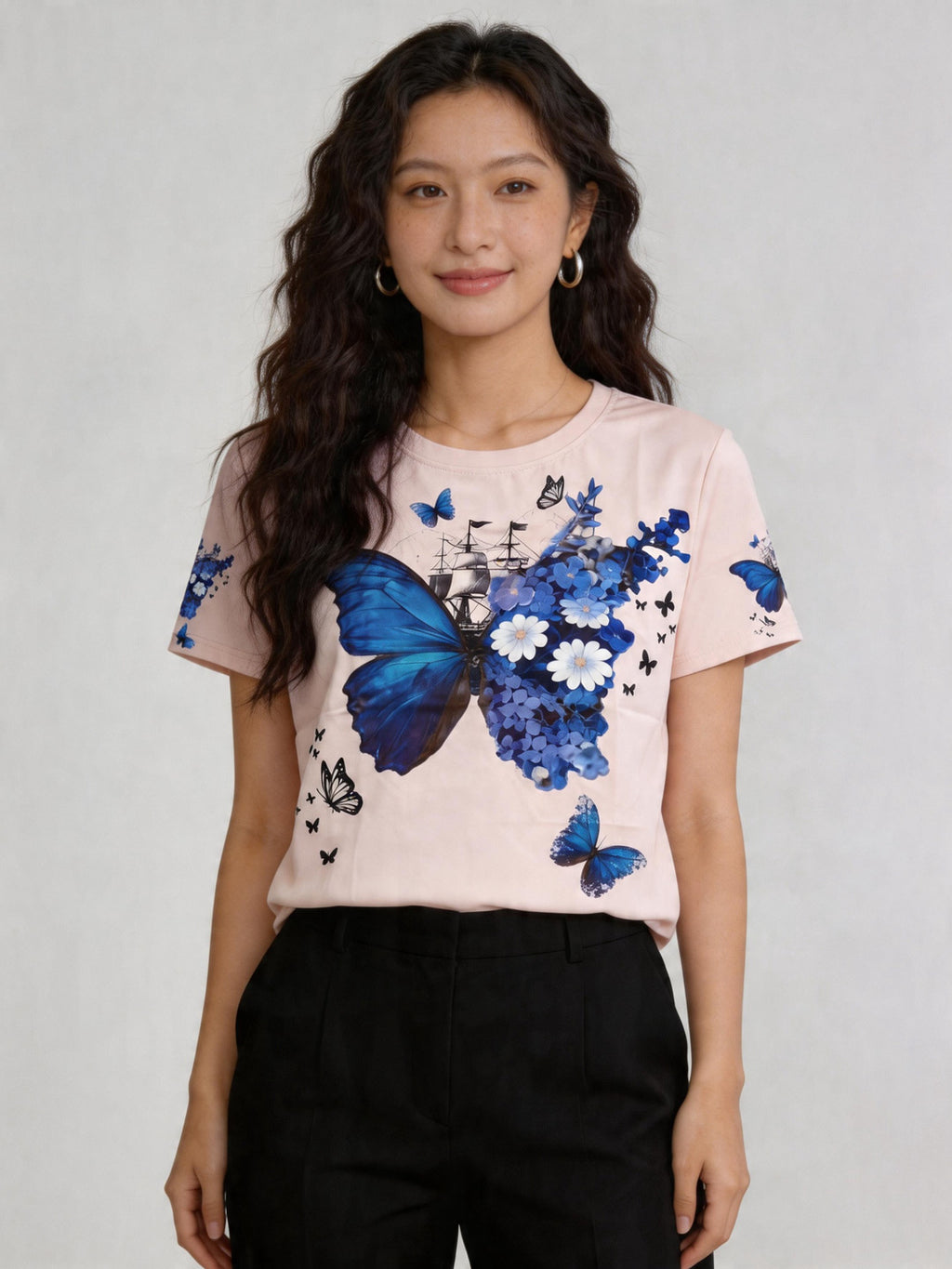 蝶々 プリント | Women's Nautical Butterfly Tee Match Black Casual Pants Singapore | カジュアル T シャツ シンガポール