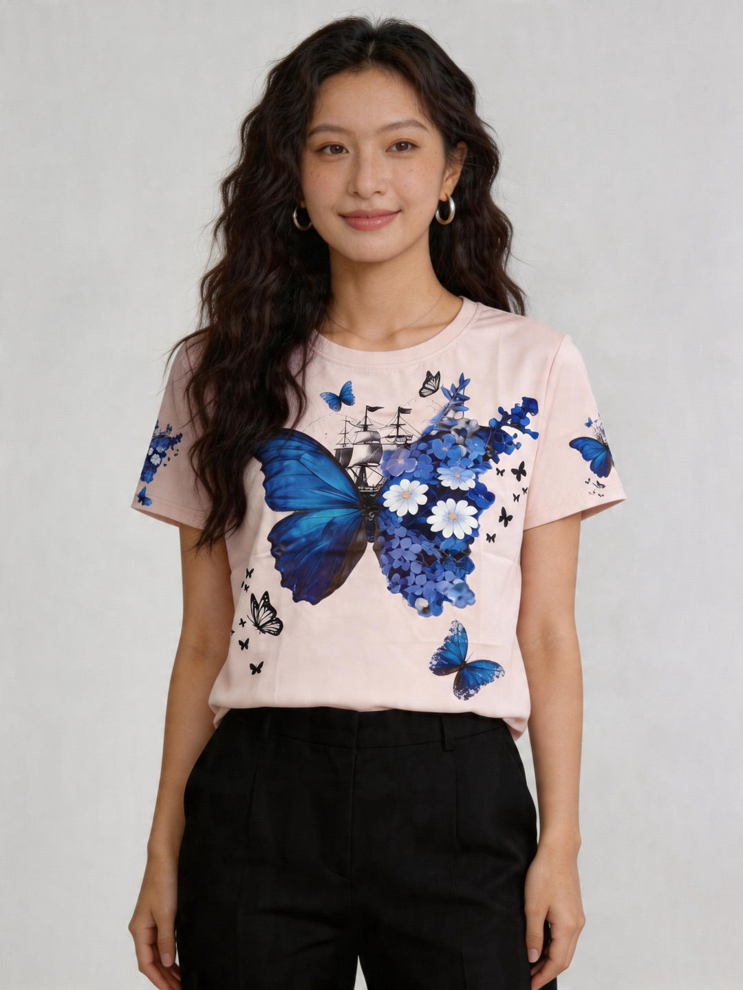 蝶々 プリント | Women's Nautical Butterfly Tee Match Black Casual Pants Singapore | カジュアル T シャツ シンガポール