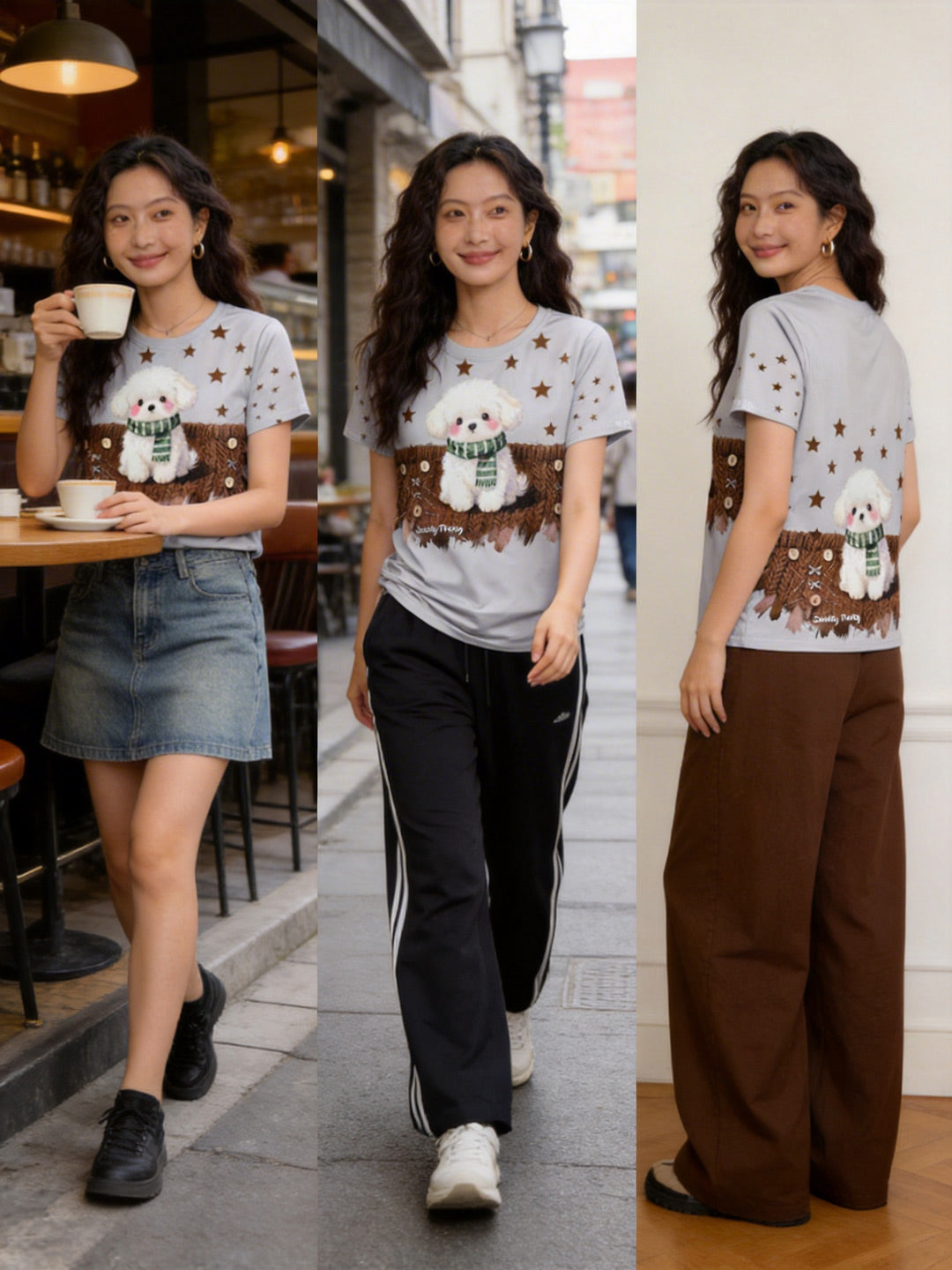ビションプリント T シャツ | Women's Soft Bichon Graphic Top, Sporty Casual Pants, Simple Comfort Style Singapore | シンプルコンフォート T シャツ
