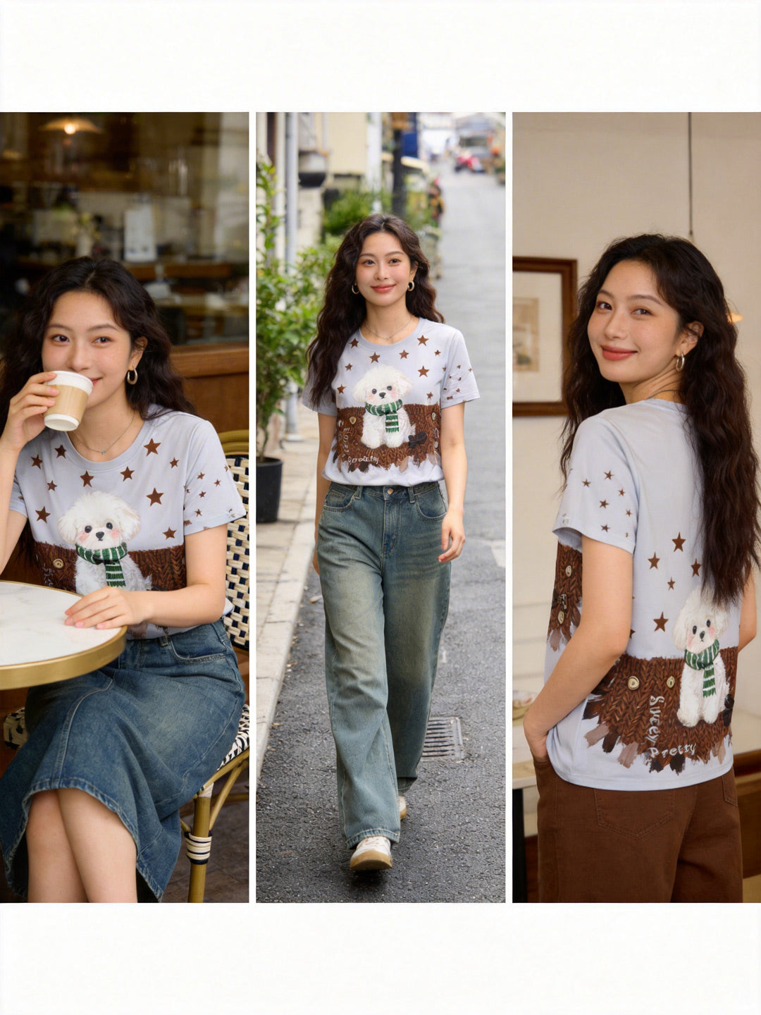 ビション T シャツ | Women's Soft Bichon Graphic Top, Weekend Street Style, Easy Casual Outfit SG | 週末ストリートコーデ