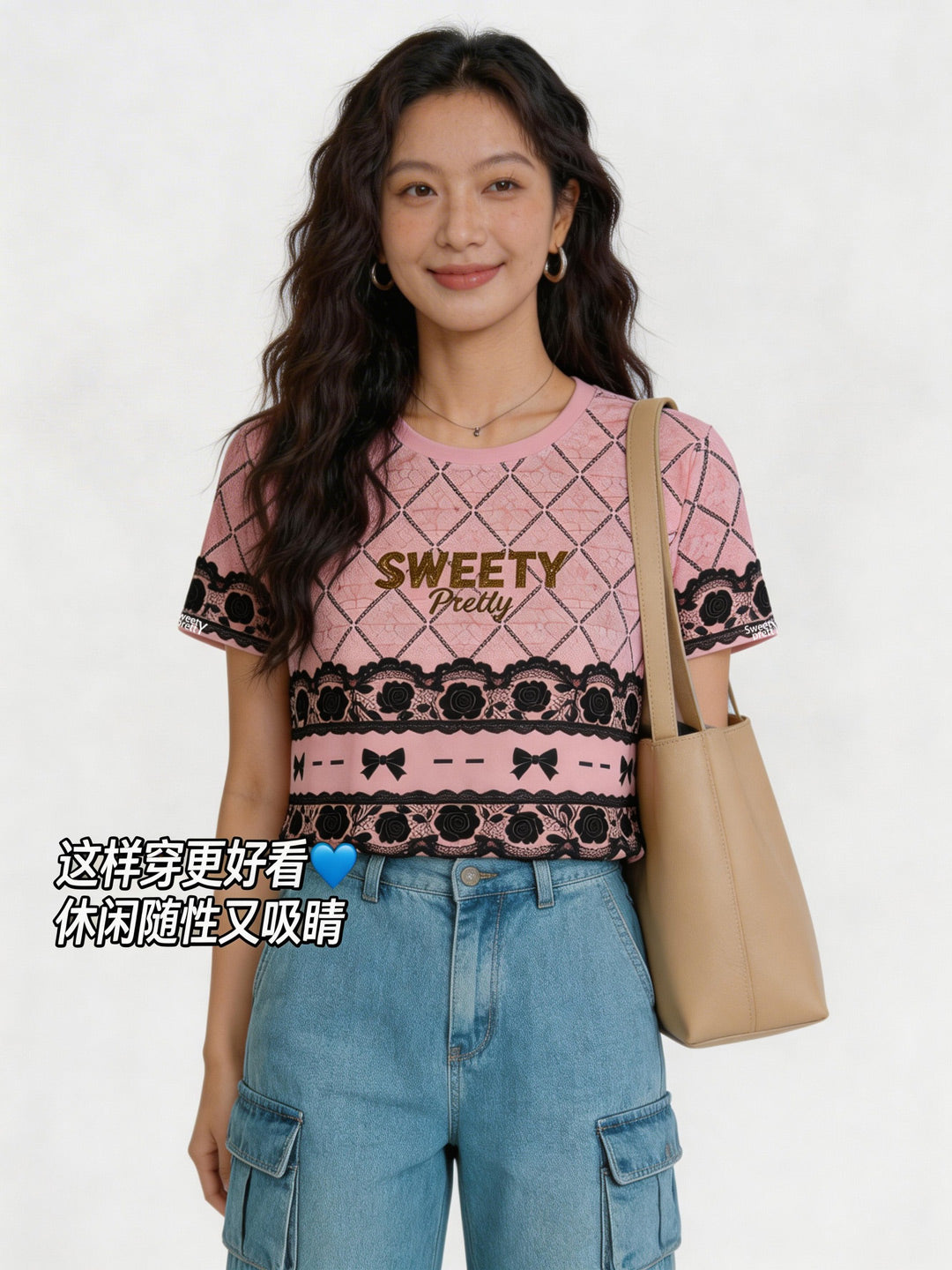 リボンプリント T シャツ | Women's Sweet Bow Print T-Shirt, Denim Shorts Summer Look, Light Casual Wear Singapore | 夏軽やかカジュアル T シャツ