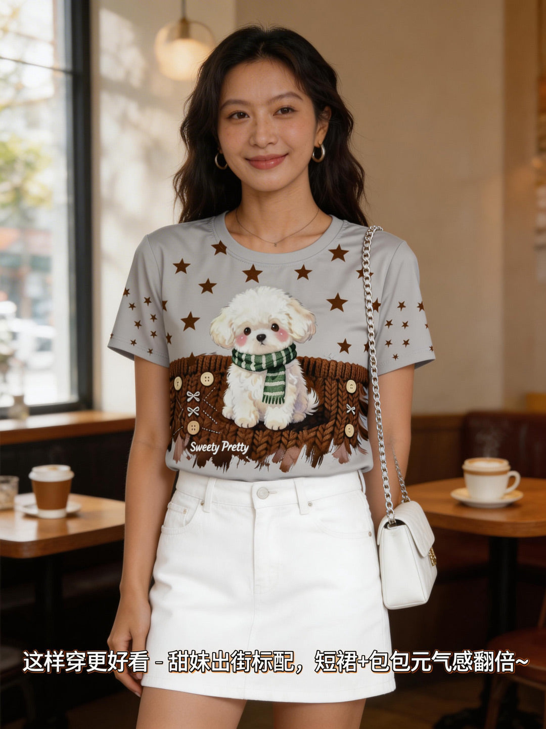 Women's Cute Bichon Frise Star Graphic Tee, Cozy Casual Summer Top Singapore