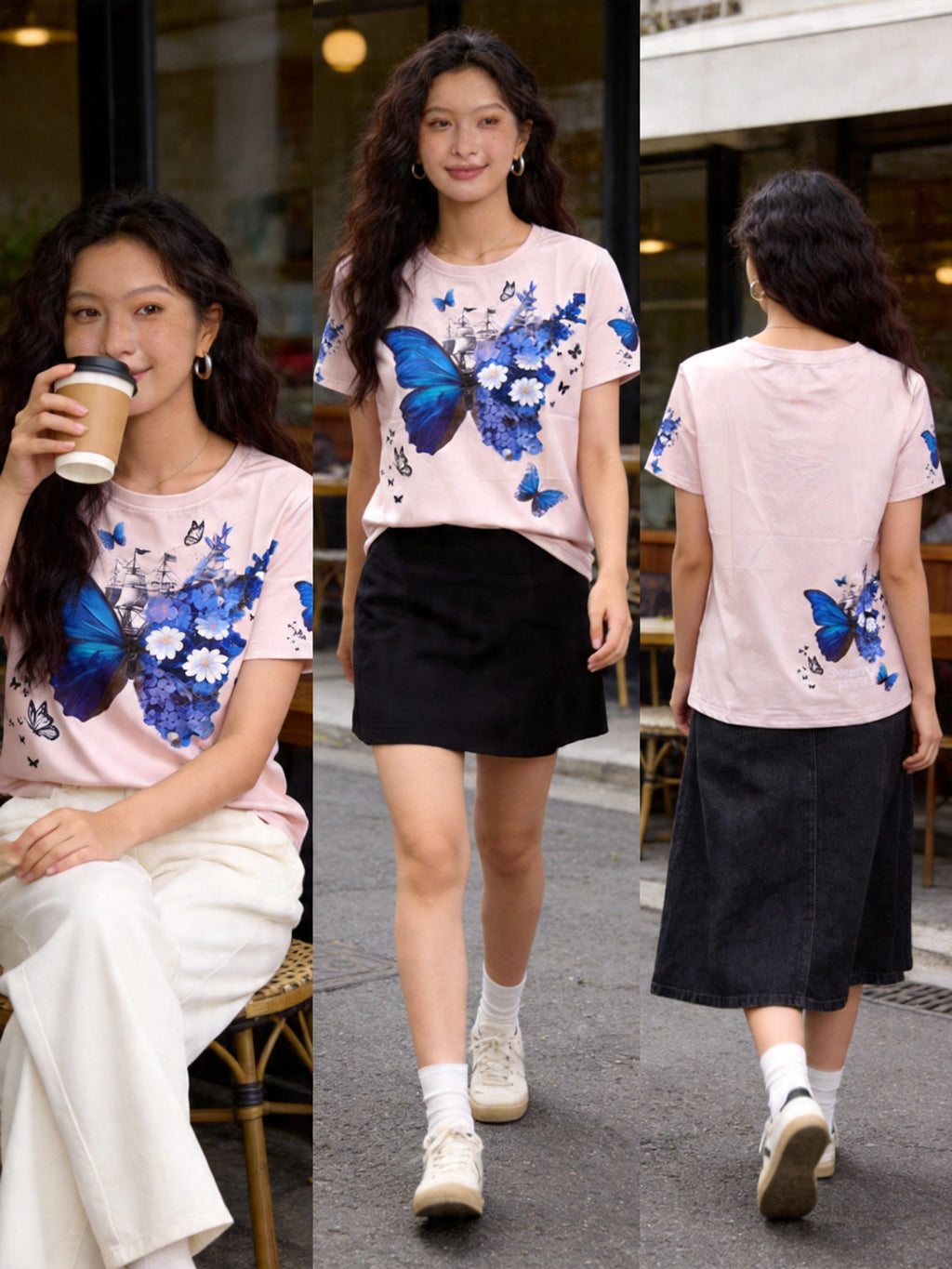 花蝶 デザイン | Woman Wearing Butterfly Floral Tee Walking On Street, Casual Daily Outfit With Bag Singapore | 街着カットソー シンガポール