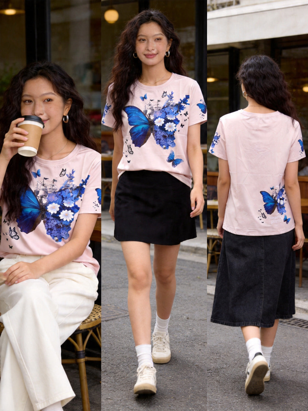 花蝶 デザイン | Woman Wearing Butterfly Floral Tee Walking On Street, Casual Daily Outfit With Bag Singapore | 街着カットソー シンガポール