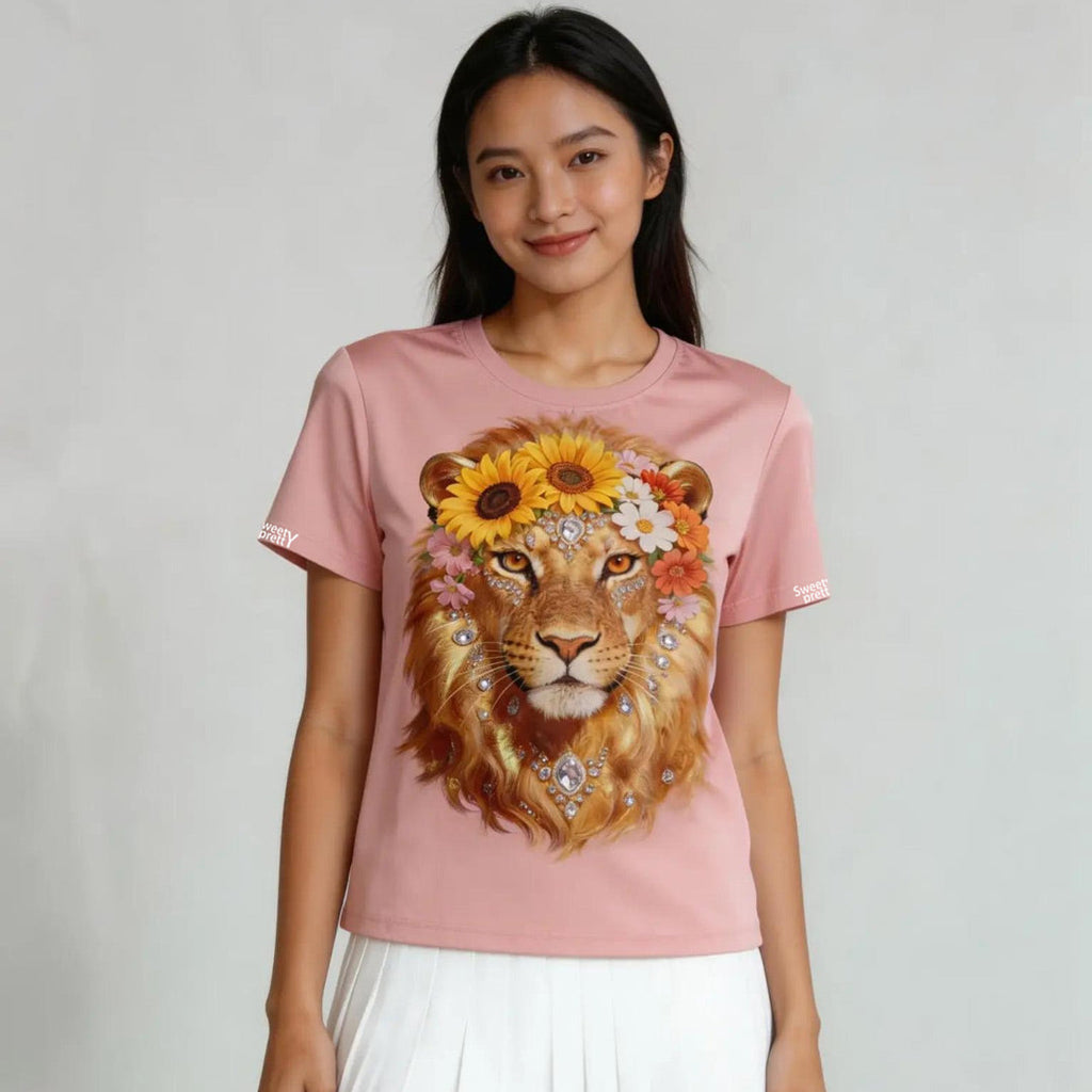 ピンクボホ T シャツ | Women's Pink Boho Lion Sunflower Graphic T-Shirt, Sweet Casual Summer Top Singapore | ボホ風夏カジュアルトップス