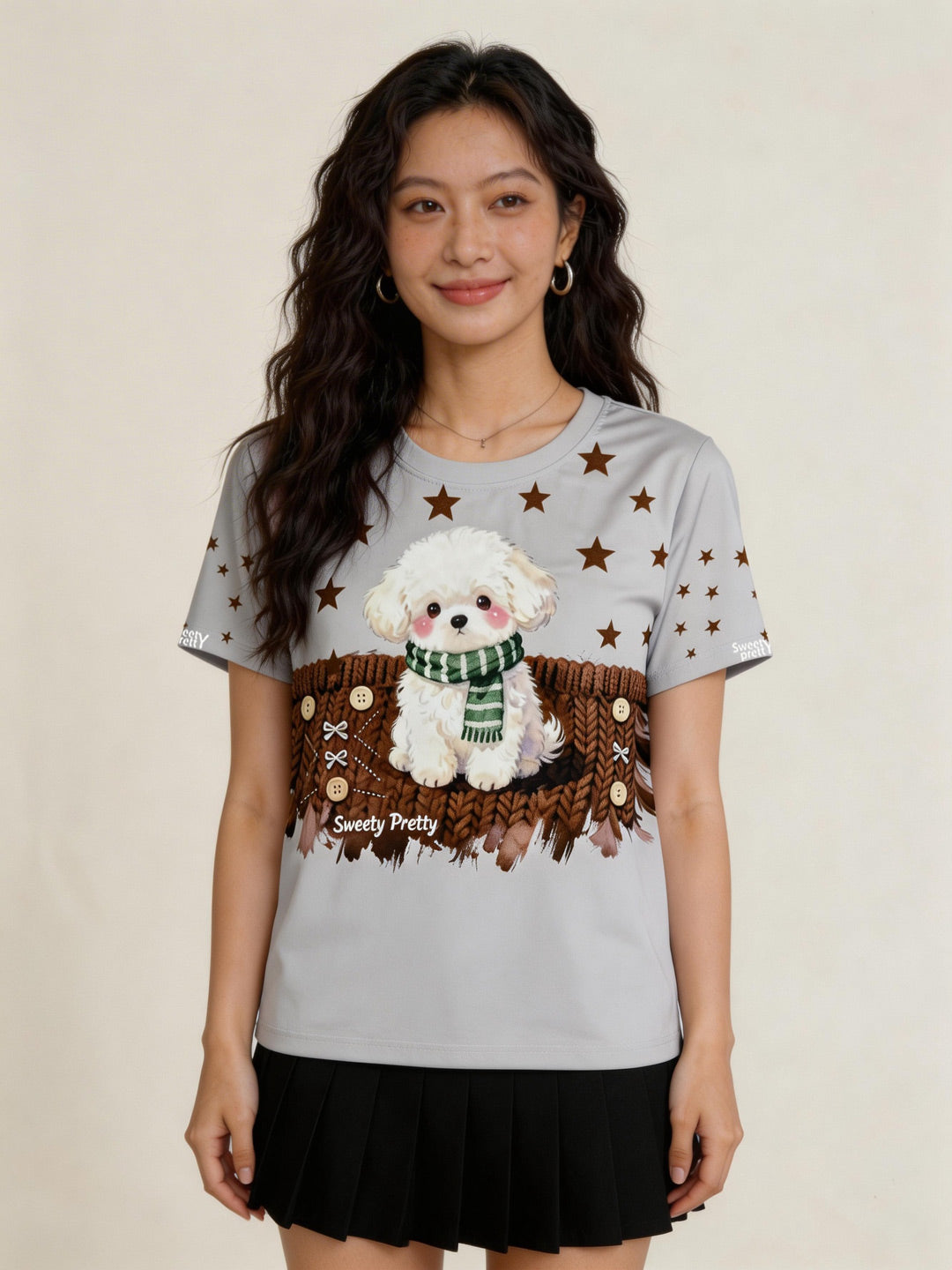 ビション T シャツ | Women's Grey Bichon Tee, Cute Skirt Outfit, Sweet Feminine Style Singapore | 甘めフェミニン T シャツ