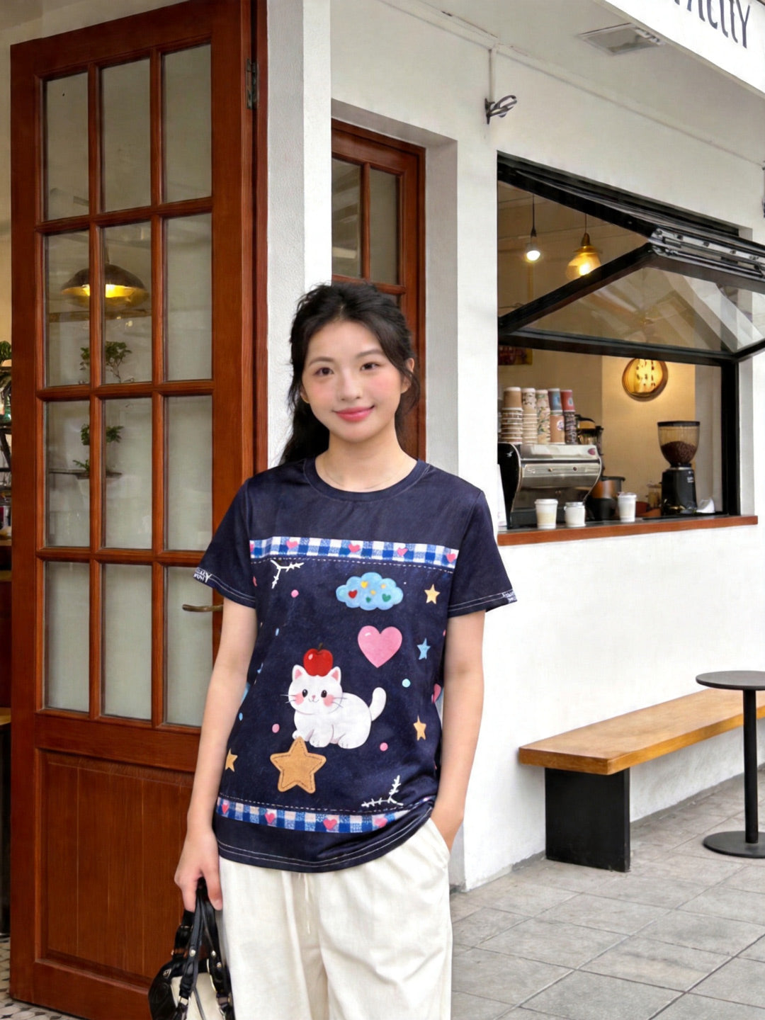 Women's Cute White Cat Star Graphic Tee, Navy Blue Casual Quick-Dry Top Singapore