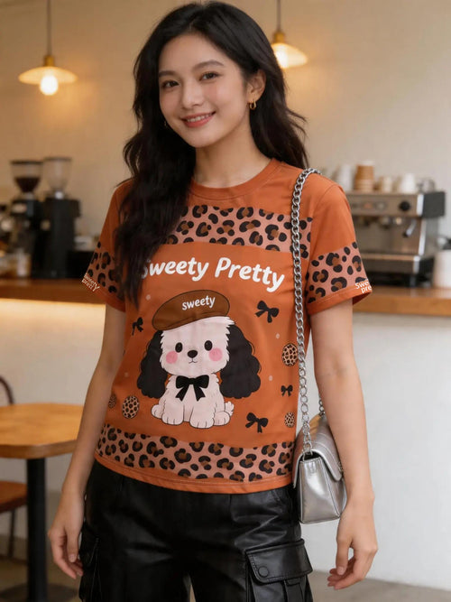 キャラメルパピー | Women's Caramel Puppy Graphic Tee With Loose Casual Pants, Comfortable Daily Style Singapore | リラックスカジュアル T シャツ