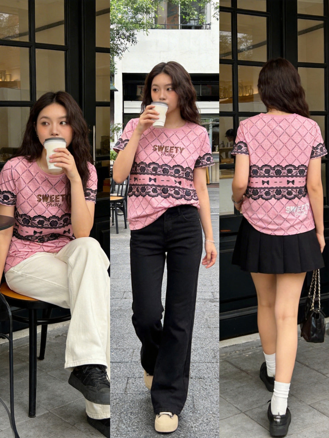 Women's Pink Rose Lace Bow Graphic Tee, Sweet Cool Casual Summer Top Singapore