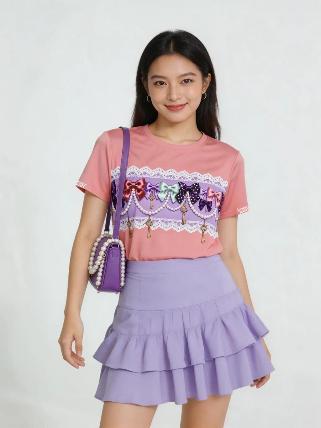 ピンクリボン T シャツ | Women's Pink Bow Tee, Cute Skirt Outfit, Soft Feminine Style for Singapore Everyday | やわらかフェミニンデイリーコーデ