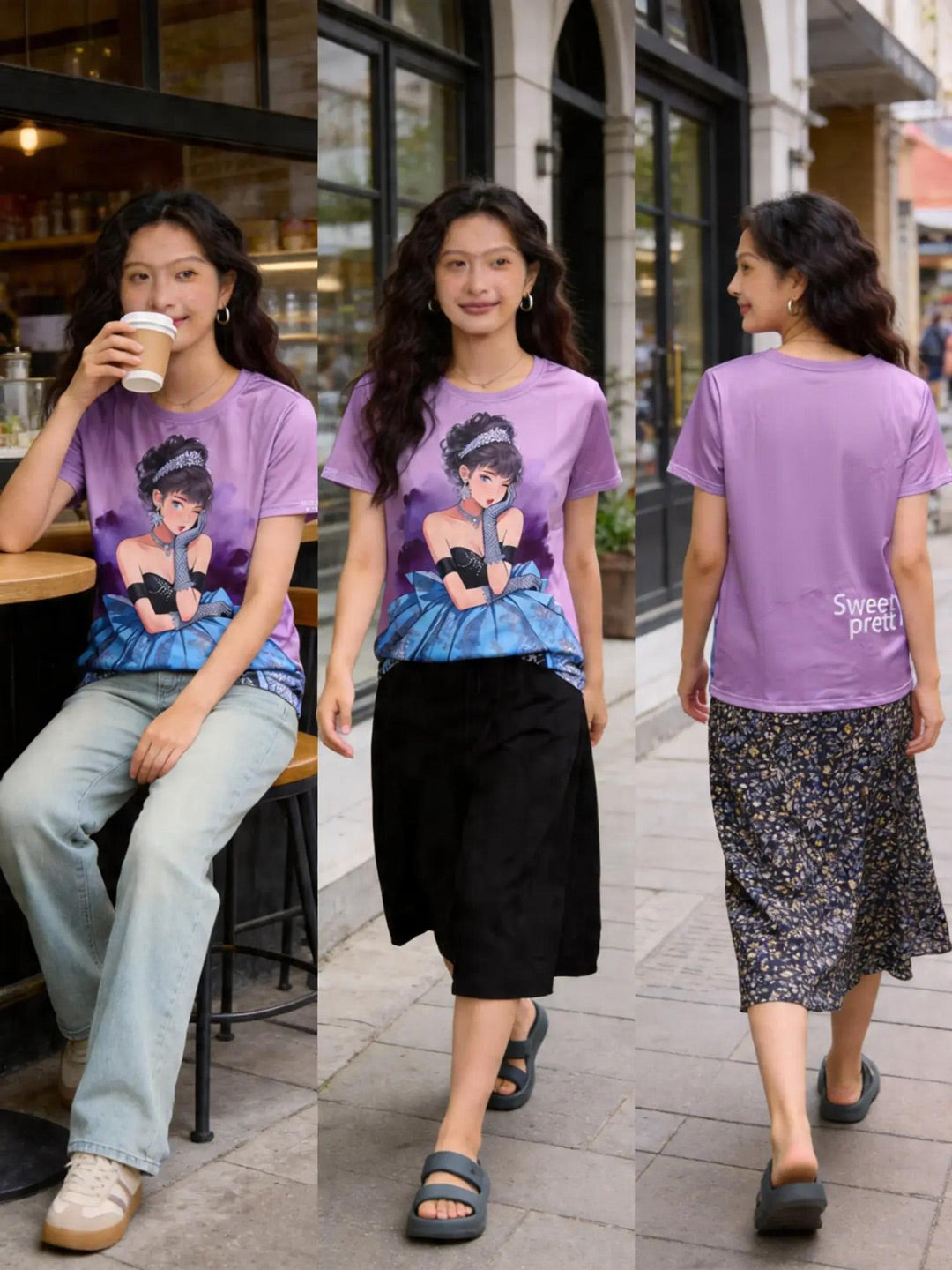 ガール T シャツ | Woman Wearing Purple Girl Tee With Skirt, Casual Street Shopping Outfit Singapore | パープルガール T シャツ