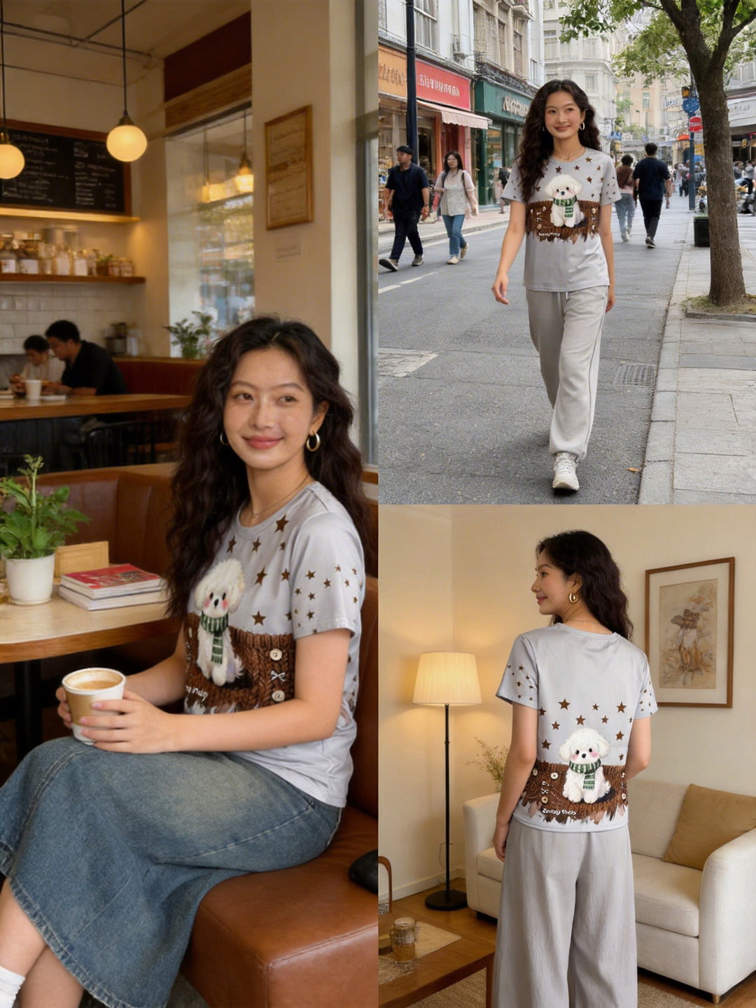 グレービション T シャツ | Women's Grey Bichon Frise Graphic Tee, Casual Pants Outfit, Comfortable Daily Style Singapore | 快適デイリーコーデ