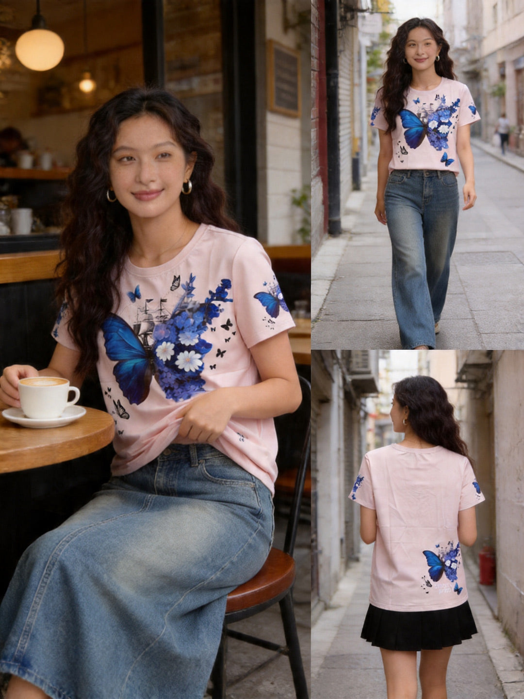 桜蝶 柄 | Woman Walking on Street in Light Pink Butterfly Floral Tee with Jeans, Casual Daily Outfit Singapore | ピンク花柄トップス シンガポール