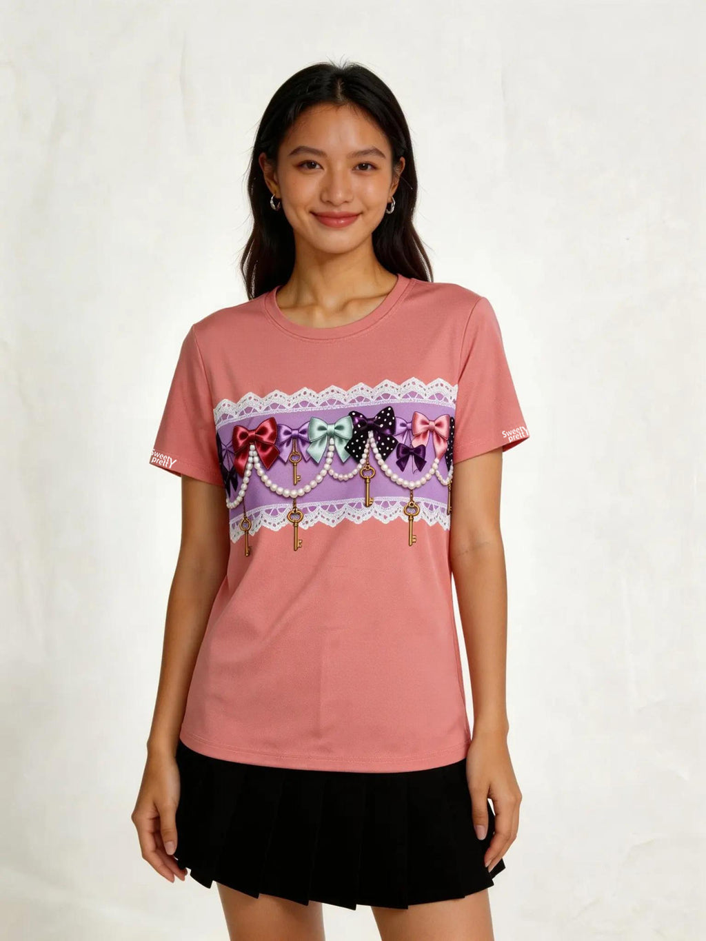 ヴィンテージリボンキー T シャツ | Women's Cute Vintage Bow Key Print Tee, Pink Sweet Casual T-Shirt, Exclusive Lolita Design | 限定ロリータデザインカジュアル T シャツ