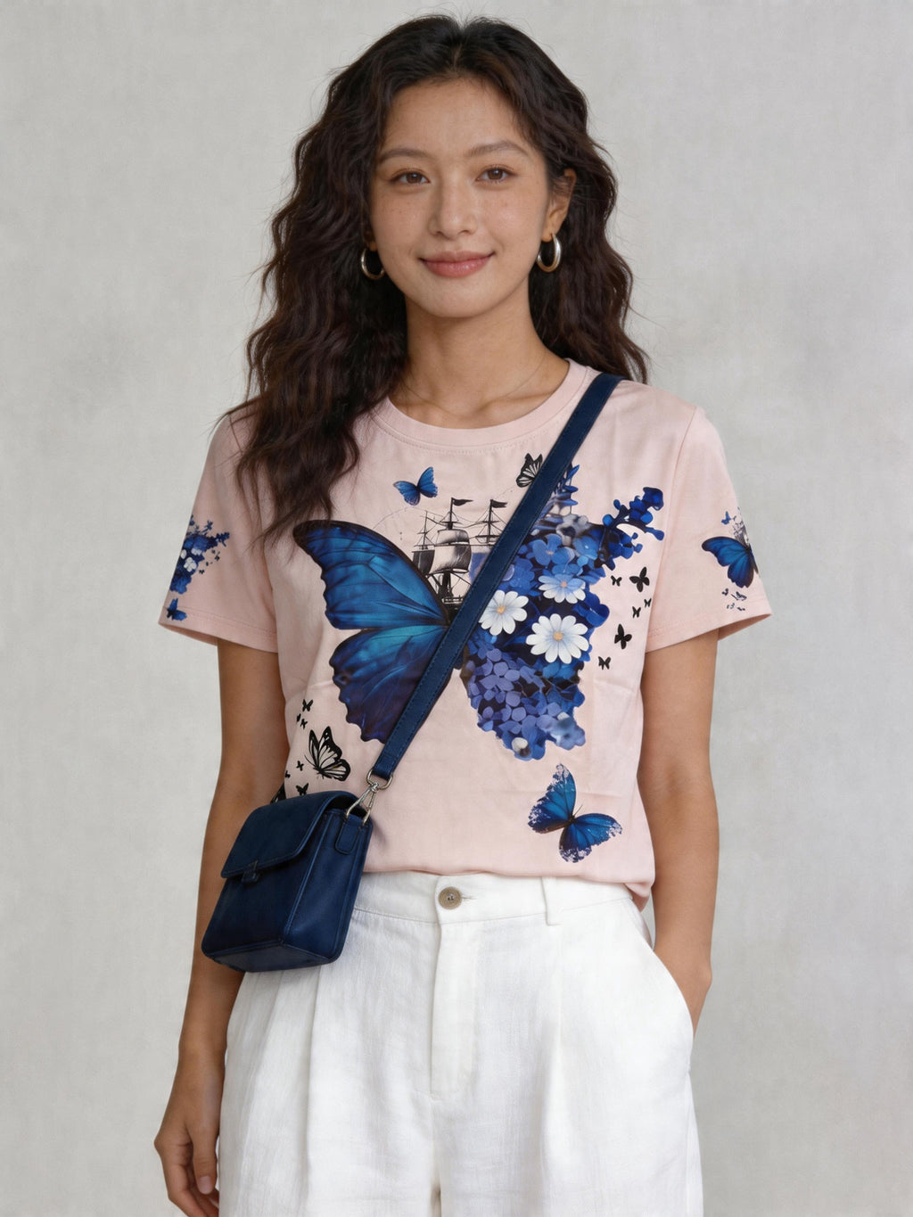 Women's Blue Butterfly Floral Sailboat Graphic Tee, Light Pink Quick-Dry Top Singapore
