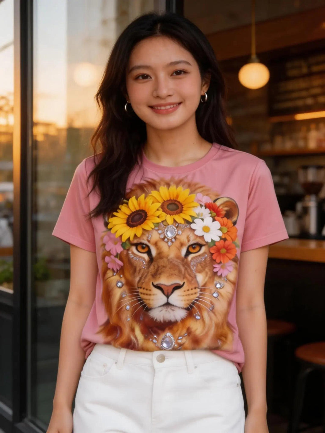 Women's Boho Lion Sunflower Art Graphic Tee, Quick Dry Summer Top Singapore