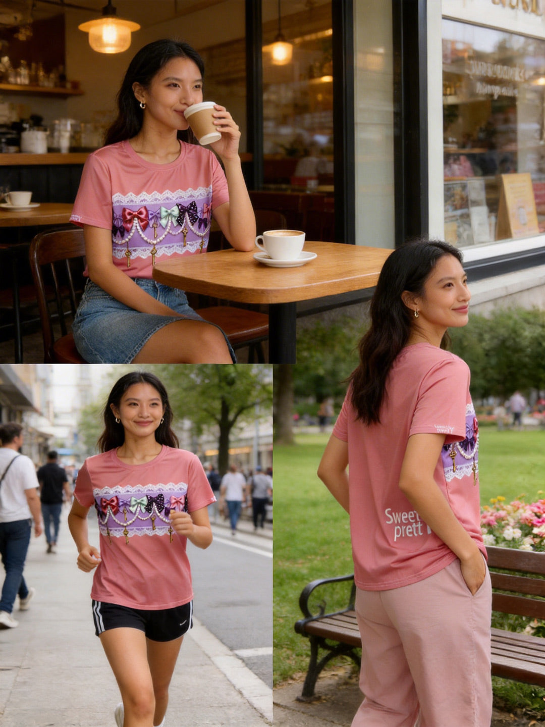 ピンクロリータリボン T シャツ | Women's Pink Lolita Bow T-Shirt, Cute Brunch Outfit for Singapore Cafes | シンガポールカフェブランチコーデ