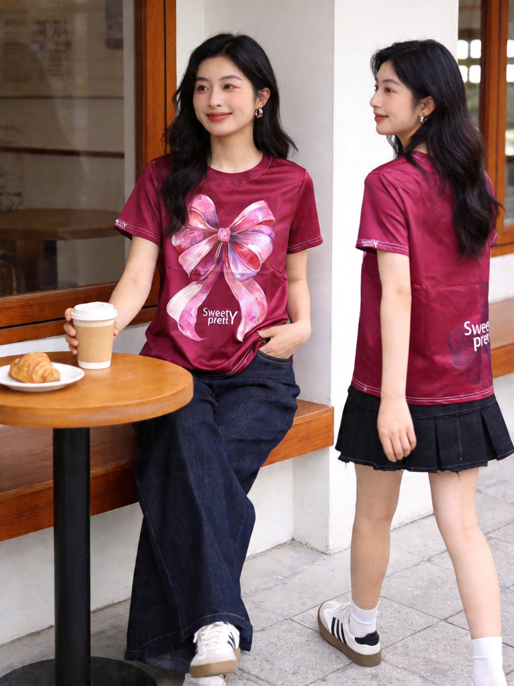 リボンワイン | Woman Walking on Street in Burgundy Bow Tee With Skirt, Sweet Daily Outfit Singapore | スイートデイリー T シャツ