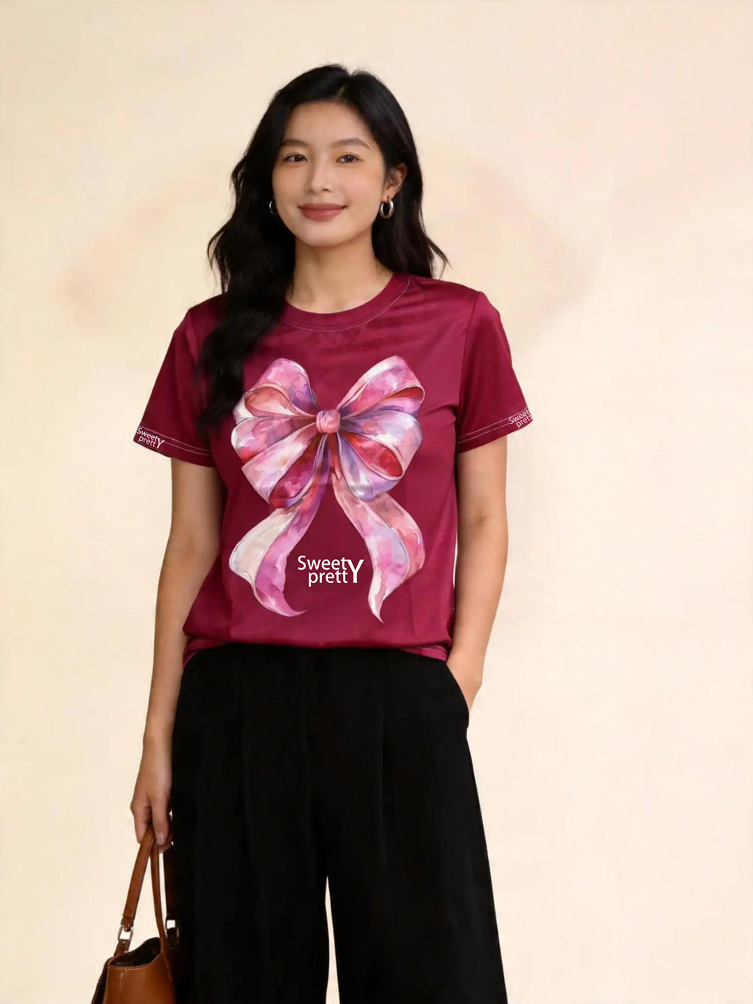 リボンプリント | Women's Burgundy Bow Graphic Tee, Slim Breathable Quick-Dry Top Singapore | 速乾カジュアル T シャツ